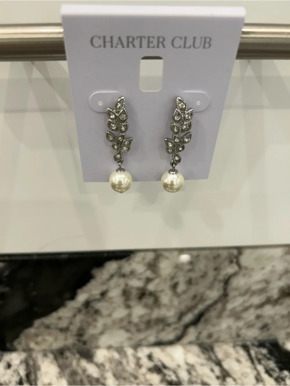 Charter Club Silver Leaf and Pearl Drop Earrings - Cream Pearls